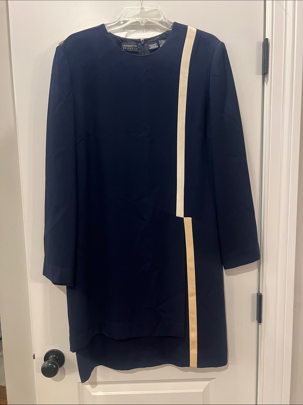 Liz Claiborne Navy Long-Sleeve Shift Dress with Cream and Tan Stripes